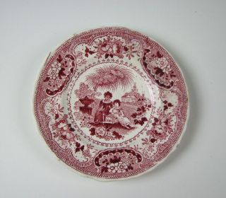 Antique Red Staffordshire Transferware Cup Plate Two Girls With Cage C1835 Adams