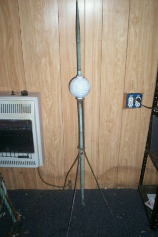 Antique 55 " Copper Lightning Rod W/point Finial,  White Moon&stars Ball - Stand -