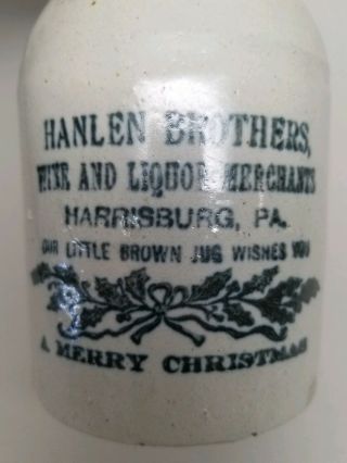 HANLEN BROTHERS Harrisburg,  PA - MERRY CHRISTMAS Whiskey Jug ANTIQUE Stoneware 2