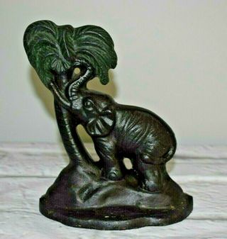 Vintage Cast Iron Elephant & Palm Tree Reaching For Coconut Doorstop 8 " Tall