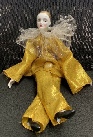 Vintage Porcelain Harlequin Doll W/ Teardrop Silvestri 19 " Tall Gold Lame