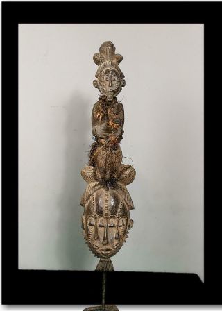 Old Tribal Baule 4 Eyes Mask With A Carved Figure - Coted 