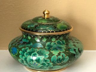 Vintage Chinese Green Cloisonné Covered Bowl - Gilt Floral Chrysanthemum/peony