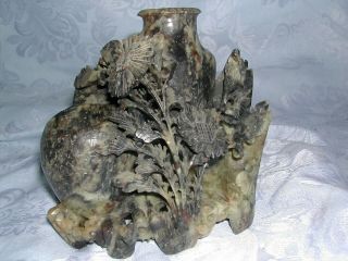Antique Chinese Carved Soapstone Double Vase Flowers