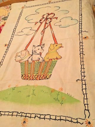 Vintage Embroidered Tablecloth,  Puppies In Basket