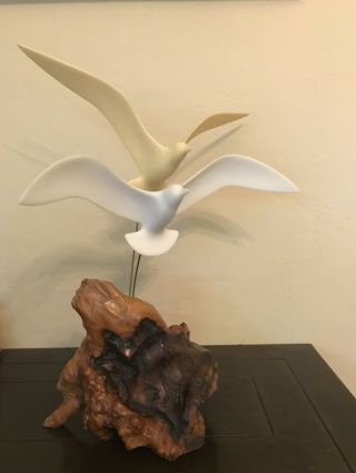 Vintage John Perry Seagull Birds In Flight Mobile Sculpture Art Burl Wood Base
