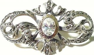 Antique Vintage Sterling Silver And 14k Gold Pin Brooch White Topaz & Marcasite