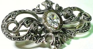 Antique Vintage Sterling Silver and 14k Gold Pin Brooch White Topaz & Marcasite 2