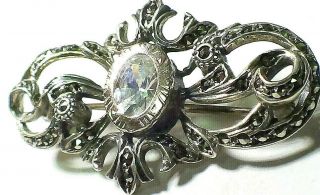 Antique Vintage Sterling Silver and 14k Gold Pin Brooch White Topaz & Marcasite 3