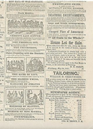 BOSTON MUSEUM MENAGERIE.  9 ILLUSTRATIONS - FEJEE MERMAID AD IN AN 1851 NEWSPAPER 2