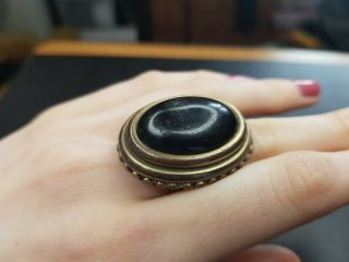 Vintage Heavy Antique Black Stone Ring Costume Jewellery Size N