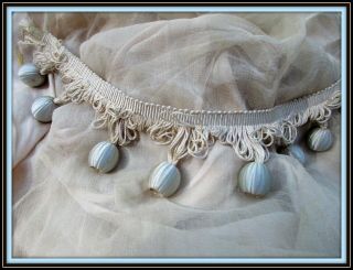 Lush Antique Victorian Edwardian Silk Bobble Dangle Fine Fringe Ice Blue Trim Pc