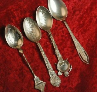 4 Fancy,  Antique,  Sterling Souvenir Demitasse Spoons St.  Louis,  Spokane,  Hono