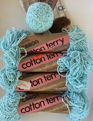 4 Skeins & 1 Ball Caron Cotton Terry Yarn,  5007 Ocean Blue Vintage