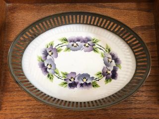 Antique 1912 Reticulated Oval Brass Biscuit Nut Basket Pansies Ceramic Bottom