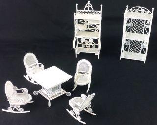 7 Pc Vtg 6” White Metal Dollhouse Miniature Furniture Table Chairs 2 Shelf Units