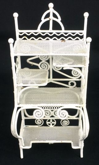 7 Pc Vtg 6” White Metal Dollhouse Miniature Furniture Table Chairs 2 Shelf Units 6