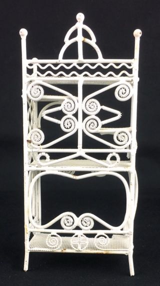 7 Pc Vtg 6” White Metal Dollhouse Miniature Furniture Table Chairs 2 Shelf Units 8