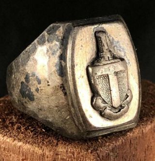 Antique Vintage Sterling 925 Silver Unknown Class Military Ring Size 9.  5 Crest