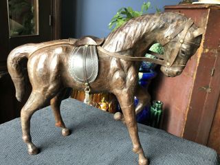 Antique Carved Wooden Fine Detailed Horse Statue Saddle Stirrups Bridle Nr