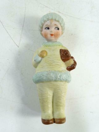 Antique Bisque Japan Bobblehead Little Girl Teddy Bear Figurine Doll Nodder Vtg