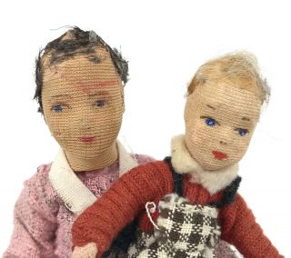 Erna Meyer Dollhouse Doll x 2 Mom 5in Child 3in 1940s Germany Flexible Stockinet 3
