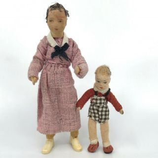 Erna Meyer Dollhouse Doll x 2 Mom 5in Child 3in 1940s Germany Flexible Stockinet 4