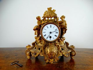 Antique Victorian French Rococo Gilt Metal Figural Mantel Clock 8 Day C1890