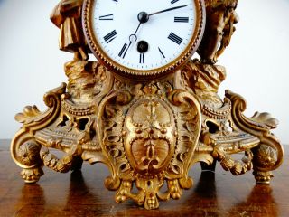 Antique Victorian French Rococo Gilt Metal Figural Mantel Clock 8 Day c1890 4