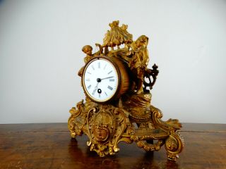 Antique Victorian French Rococo Gilt Metal Figural Mantel Clock 8 Day c1890 5