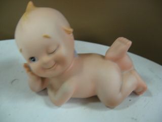Vintage Bisque Kewpie Doll 5 " Reclining Piano Baby Lefton Blue Wing Winking