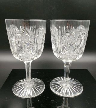 Set 2 Antique Brilliant Cut Wine Water Goblets Glasses Pinwheels & Hobstars 39