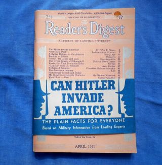 Readers Digest April 1941 Can Hitler Invade America Wwii Germany Slip Cover