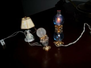 3 Vintage Hurricane Lamp Blue 1:12 White Bunny Dollhouse Gone With The Wind