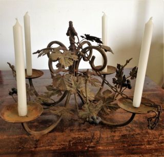 Antique Rustic Wrought Iron Hanging Chandelier Candle Holder Italian Tole Vines