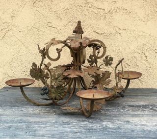 ANTIQUE RUSTIC WROUGHT IRON HANGING CHANDELIER CANDLE HOLDER ITALIAN TOLE VINES 2