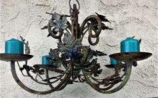 ANTIQUE RUSTIC WROUGHT IRON HANGING CHANDELIER CANDLE HOLDER ITALIAN TOLE VINES 3