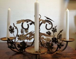ANTIQUE RUSTIC WROUGHT IRON HANGING CHANDELIER CANDLE HOLDER ITALIAN TOLE VINES 4