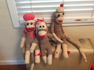 3 Vintage Handmade Sock Monkeys
