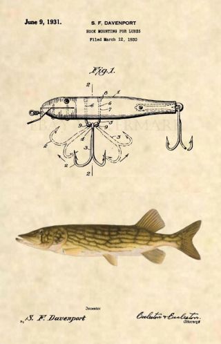 Official Fishing Lure Us Patent Art Print - Antique Northern Pike Muskie Fish 377