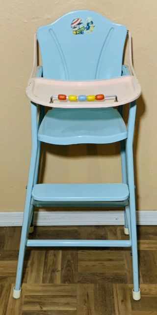 Vtg 1950s Amsco Doll - E - Highchair Blue Metal High Chair Tray Beads 29 3/4” Tall
