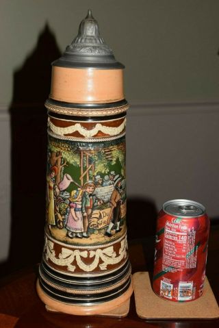 Large Antique German Beer Stein,  Small Family Parade Scene,  Pewter Lid,  Ca.  1900