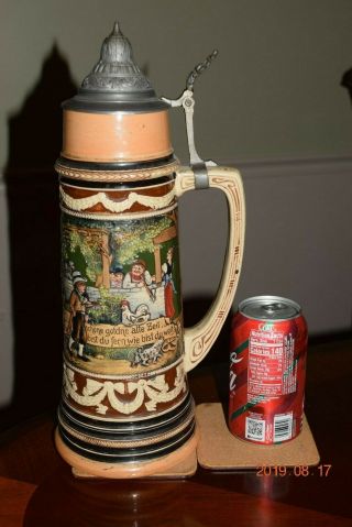 Large Antique German Beer Stein,  Small Family Parade Scene,  Pewter Lid,  Ca.  1900 2
