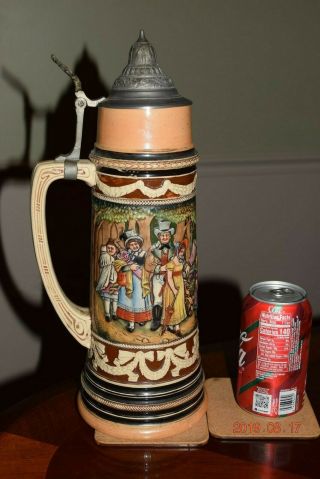 Large Antique German Beer Stein,  Small Family Parade Scene,  Pewter Lid,  Ca.  1900 3