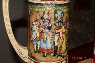 Large Antique German Beer Stein,  Small Family Parade Scene,  Pewter Lid,  Ca.  1900 4