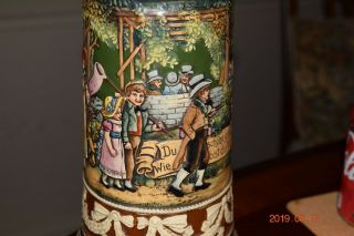 Large Antique German Beer Stein,  Small Family Parade Scene,  Pewter Lid,  Ca.  1900 6