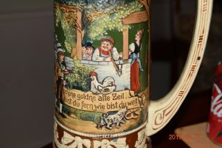 Large Antique German Beer Stein,  Small Family Parade Scene,  Pewter Lid,  Ca.  1900 7