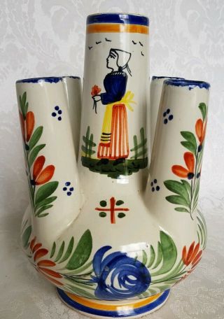 Antique Hb Henriot Quimper French Pottery 5 Neck Vase Hand Painted Signed Rare