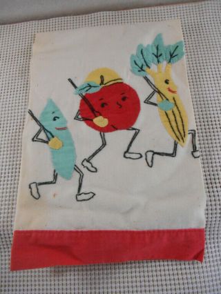 Vintage Anthropomorphic Fruit Linen Tea Towel Applique & Embroidered 24 X 17 "