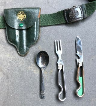 Vintage Girl Scout Cutlery Set in Leather Pouch,  Belt - GS USA Fork Knife Spoon 2